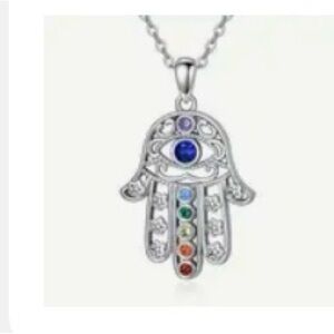 Silver Hamsa Hand Chakra Pendant Necklace - Multicolor